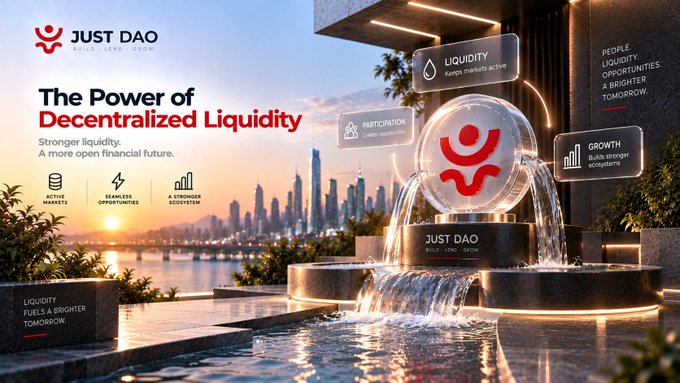 JUST DAO promotional banner reading 'The Power of Decentralized Liquidity' with features like Liquidity, Participation, and Growth against a city skyline.