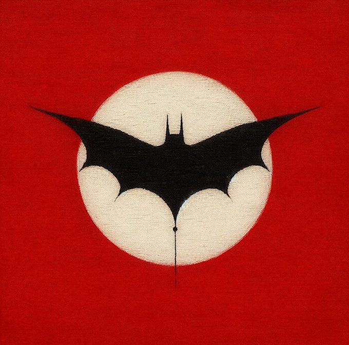 A painting features a black bat silhouette spreading its wings in front of a white circular moon against a solid red background.