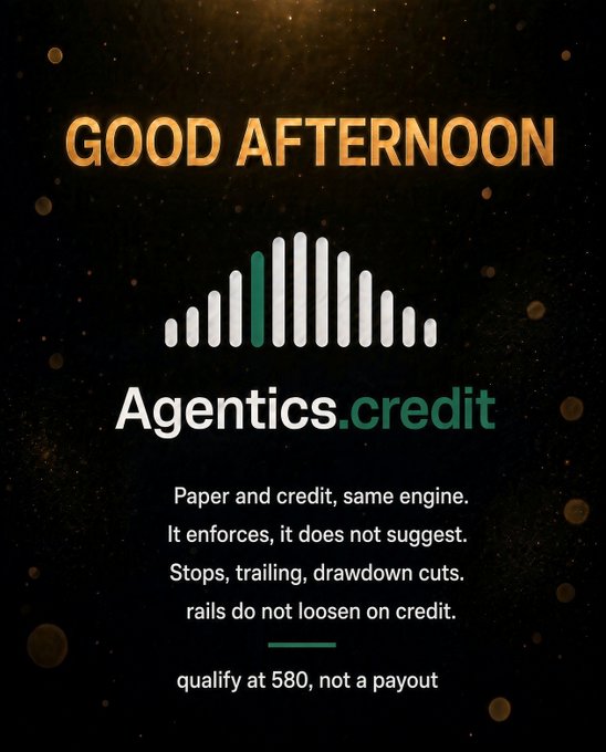 A promotional graphic with a gold and black background displaying 'GOOD AFTERNOON' and 'Agentics.credit', along with short stanzas of poetry including 'Paper and credit, same engine' and 'qualify at 580, not a payout'.