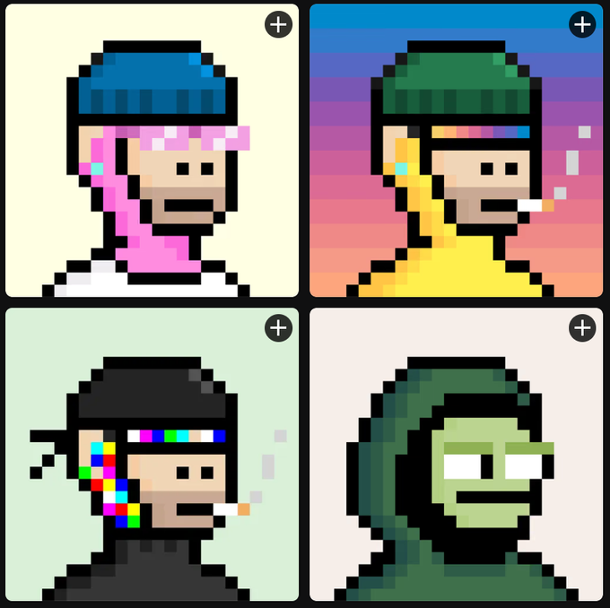 Four pixel-art portraits arranged in a 2x2 grid, each depicting a character with a different colored beanie, including pink-haired, rainbow-faced, and green-hooded figures, with '+' icons in the corners.