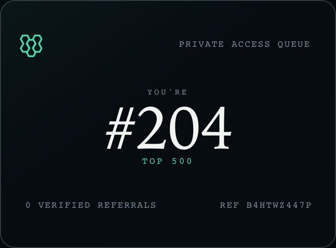 A dark digital interface displays 'PRIVATE ACCESS QUEUE' and 'YOU'RE #204' in the 'TOP 500', with '0 VERIFIED REFERRALS' and 'REF B4HTWZ447P' shown at the bottom.