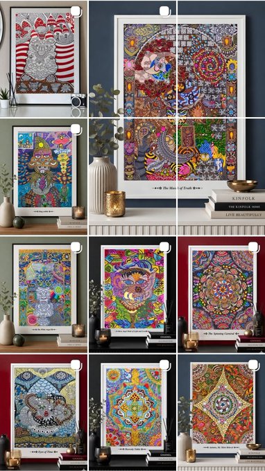 A grid displaying multiple colorful mandala-style jigsaw puzzles and diamond art paintings, including designs labeled "Owl," "The Maze of Fruit Tree," and other animal-themed patterns, framed on walls.