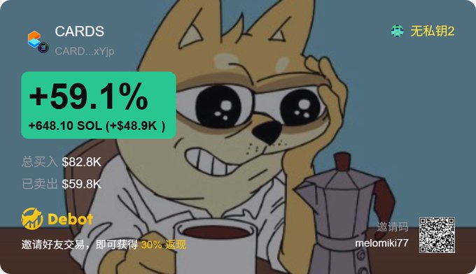 A promotional graphic featuring an anime-style Shiba Inu dog character with the text 'CARDS', a +59.1% profit gain showing +648.10 SOL (+$48.9K), and Chinese text including 'Debot' and an invitation link.