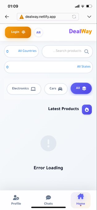A screenshot of the DealWay mobile app (dealway.netlify.app) showing a login button, product filters, and an "Error Loading" message under "Latest Products." This illustrates the real-world bugs being uncovered during PCT's testnet phase with Deal Way, reinforcing the post's point that going live on the open mainnet will reveal even more unforeseen issues.