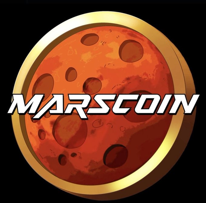 A logo for "MARSCOIN" displayed in stylized white text over a red, cratered planet design with a gold border.