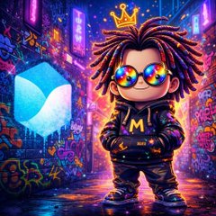 A vibrant digital illustration of a cartoon character with dreadlocks and sunglasses wearing a hoodie with an 'M' logo, set against a colorful graffiti-covered urban background.