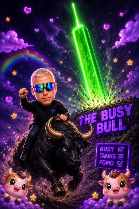 A man wearing reflective sunglasses rides a charging black bull through a vibrant purple cosmic scene, with a glowing green beam shooting skyward and the text "THE BUSY BULL" alongside a checklist reading "BUSY, TAKING, FOMO" — visually reinforcing the post's theme of staying "busy cooking" on $JAMES while the critics stay busy jeeting.