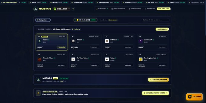 A dark-themed screenshot of the MarsBase5 NFT marketplace interface showing token listings including HAEX, deMeta, JustToken, Lumitnow, Phoenix Token, The Word Token, Yuken, and The Kingdom Coin.