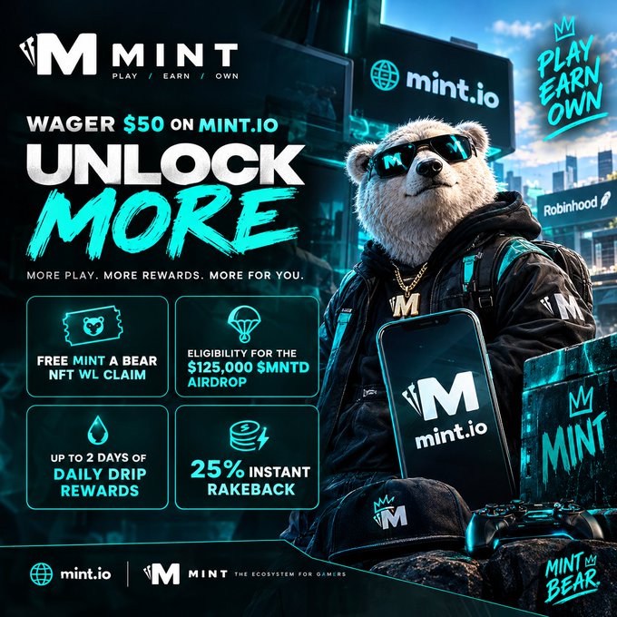 A promotional graphic for Mint.io featuring a bear wearing sunglasses, advertising rewards including a 'Free Mint A Bear NFT WL Claim', eligibility for a '$125,000 $MNTD Airdrop', and '25% Instant Rakeback'.