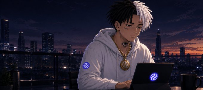 An anime-style character with black and white hair works on a laptop displaying the Ripple (XRP) logo against a city skyline at dusk, visually connecting the post's theme of traditional assets like gold moving onchain to the blockchain technology narrative.