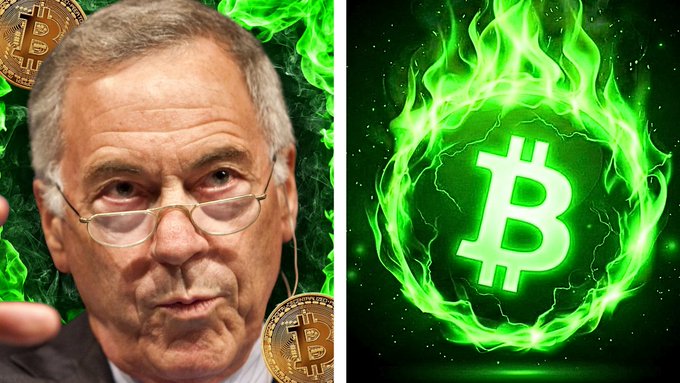 A split graphic features a serious-looking man with glasses pointing at the camera on the left alongside a gold Bitcoin coin, and a glowing green Bitcoin symbol wreathed in green flames on the right.