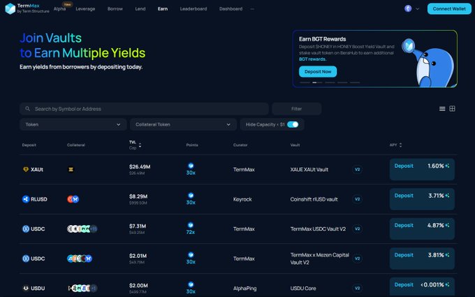 The image shows a computer screen displaying a website called "join vaults to earn multiple yields". The website offers various investment opportunities, including cryptocurrency trading platforms like @TermMaxFi and legacy fixed rate protocols older peer-to-peer networks. The focus of the website is on analyzing the structural difference between these protocols and concentrating their liquidity precisely where the market demands it. This can help users make informed decisions about which protocols to invest in based on their risk appetite, financial goals, and preferences for trading strategies.