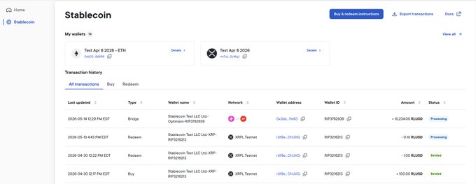 A Ripple Stablecoin dashboard showing two user wallets ("Test Apr 8 2026 - ETH" and "Test Apr 8 2026") and transaction history featuring bridge, redeem, and buy activities with amounts like +10,234.00 RLUSD, -0.10 RLUSD, -1.00 RLUSD, and +100.00 RLUSD across XRPL Testnet and other networks. The dashboard illustrates the cross-chain liquidity functionality for RLUSD mentioned in the post.