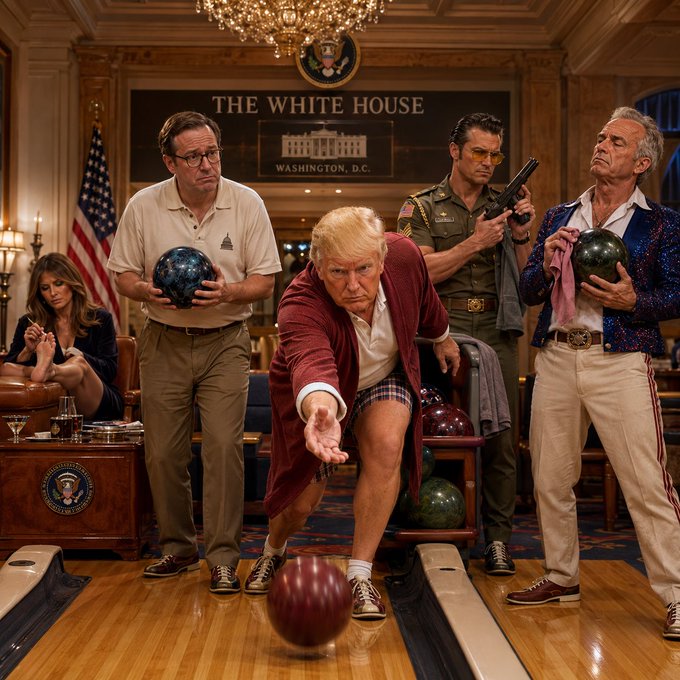 A humorous illustration depicts Donald Trump bowling in the White House, surrounded by men holding bowling balls and a gun, with 'THE WHITE HOUSE WASHINGTON, D.C.' displayed above.