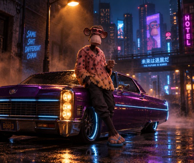 A person in a monkey mask and leopard print jacket leans against a glowing purple lowrider car in a neon-lit cyberpunk city street, with signs reading 'SAME SHIT DIFFERENT CHAIN' and 'THE FUTURE IS BORED.'