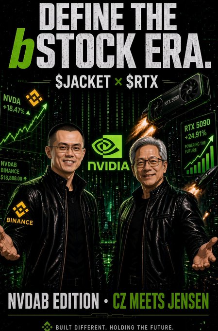 A promotional graphic titled 'DEFINE THE bSTOCK ERA.' with text '$JACKET x $RTX' features images of two men, with overlays showing 'NVDA +18.47%', 'BINANCE NVDAB +$18,888.00', and 'RTX 5090 +24.91%'. The bottom text reads 'NVDAB EDITION • CZ MEETS JENSEN' and 'BUILT DIFFERENT. HOLDING THE FUTURE.'
