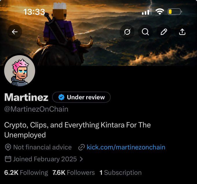 A Twitter/X profile page for 'Martinez' (@MartinezOnChain) with a 'Not financial advice' disclaimer, bio reading 'Crypto, Clips, and Everything Kintara For The Unemployed', a pink-haired pixel avatar, and banner featuring a Minecraft character riding a bull on a mountain landscape.