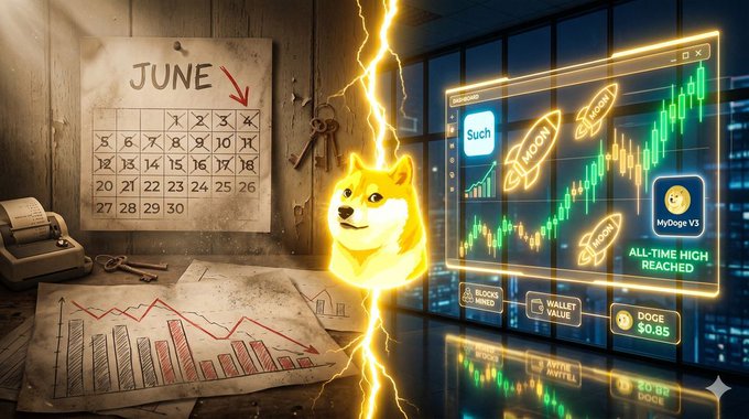 The image features a collage of various elements, including a calendar with the date "June" written across the top, a graph, a doge, and lightning bolts. The doge has a lightning bolt coming out from its head. There are also stock market charts on one side of the image that include Bitcoin and Ethereum. The text in the post states "June is historically bad for DOGE", which implies a negative impact or trend related to the cryptocurrency world's June season. However, it adds an interesting visual element: the doge and lightning bolts create a juxtaposition between the historical theme and the more current cryptocurrency scene represented by the stock market charts and Bitcoin/ Ethereum graphs.