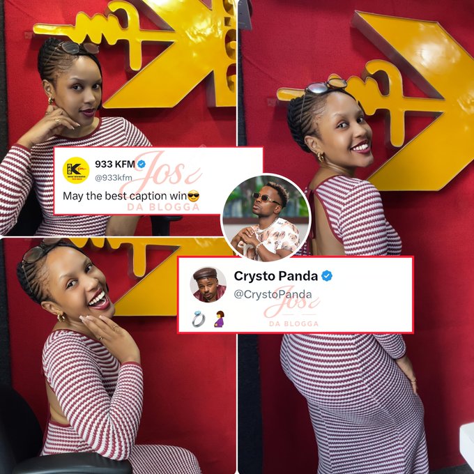 A collage of four photos of a woman in a red and white striped dress with braided hair, featuring overlaid tweets from 933 KFM (@933kfm) asking 'May the best caption win' and Crysto Panda (@CrystoPanda), plus a 'Jose Da Blogga' watermark.