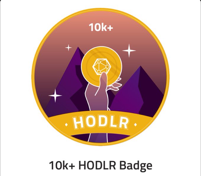 A circular purple and gold "10k+ HODLR" achievement badge featuring a hand holding a glowing dodecahedron coin against a mountainous background.