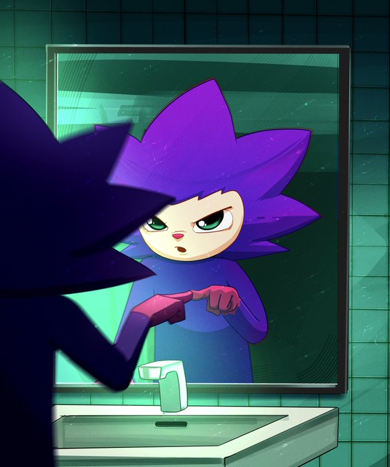 A purple-haired cartoon character with a serious, determined expression stares at its own reflection in a bathroom mirror while pointing at itself. The introspective moment visually echoes the post's message of self-discovery—"there's a chog inside you"—suggesting the character is recognizing that fierce, iconic energy within itself.