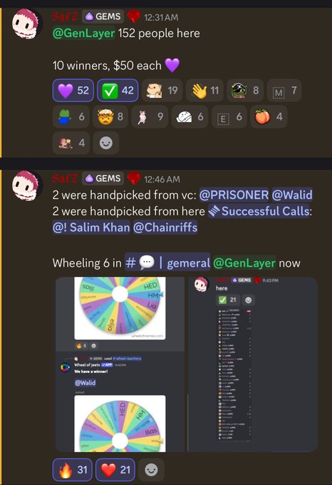 Two screenshots of messages from 'SufCZ 💎GEMS' in a Telegram-style chat, announcing 10 winners of $50 each from 152 participants with emoji reactions, and mentioning handpicked winners from voice chat members including @PRISONER @Walid @Salim Khan @Chainriffs, accompanied by a spinning wheel image.