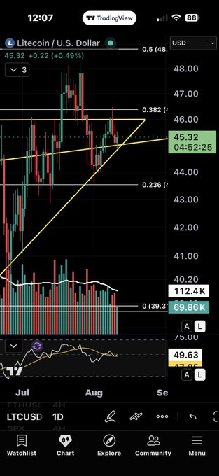 A TradingView chart of Litecoin ($LTC) against the U.S. Dollar on a daily (1D) timeframe shows the price trading around $45.32, with a yellow upward trendline supporting the multi-year accumulation thesis referenced in the post. The chart displays Fibonacci retracement levels (0.236, 0.382, 0.5) and an RSI around 49.63, supporting the claim that $LTC is holding key support amid signs of smart money accumulation.