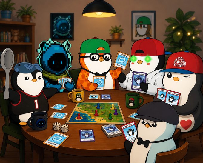 The image features five penguins sitting around a table, playing a card game together. The penguin characters are wearing hats and glasses, which suggests that they might be cartoon penguins or have a unique appearance due to their gaming experience. The post about matching with others on @AbstractChain seems to be related to the game being played by these five penguins, as it encourages users to find someone who matches them in terms of preferences or interests.