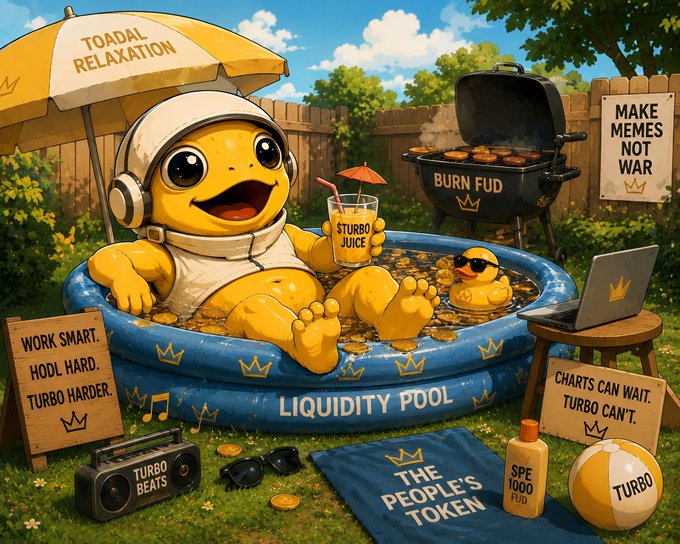 The image shows a cartoon frog character wearing a VR headset lounging in an inflatable pool labeled "LIQUIDITY POOL" with a drink marked "STURBO JUICE" and coins scattered around, alongside various meme-themed signs including "BURN FUD," "WORK SMART. HODL HARD. TURBO HARDER.," "MAKE MEMES NOT WAR," and "THE PEOPLE'S TOKEN." The scene ties to the post's "TOADAL Relaxation" theme by humorously depicting the $TURBO community pausing from market activity to enjoy their meme culture, decentralized finance ("liquidity pool," "burn fud"), and hard-earned community ("the people's token").