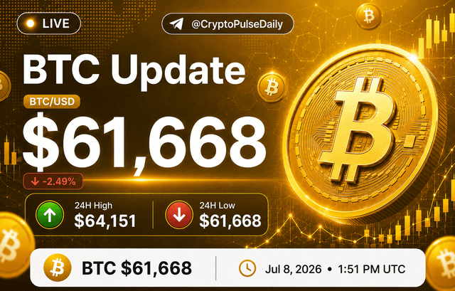A live BTC/USD update from @CryptoPulseDaily shows Bitcoin at $61,668, down -2.49%, with a 24H High of $64,151 and Low of $61,668, timestamped July 8, 2026 at 1:51 PM UTC.