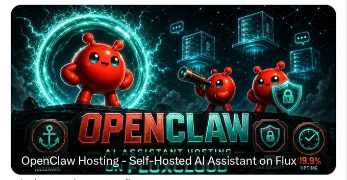 Promotional graphic for 'OpenClaw' displaying 'OpenClaw Hosting - Self-Hosted AI Assistant on FluxFLUX' with cartoon red characters, servers, and icons for hardware, security, and uptime.