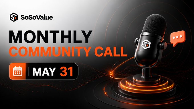 The image features a microphone with an orange speech bubble above it, which says "Monthly Community Call" along with the date "May 31". The background of the image is black, making the text stand out prominently. The main focus of the image is on the microphone and its accompanying text, creating a clear visual representation of what the post is about.