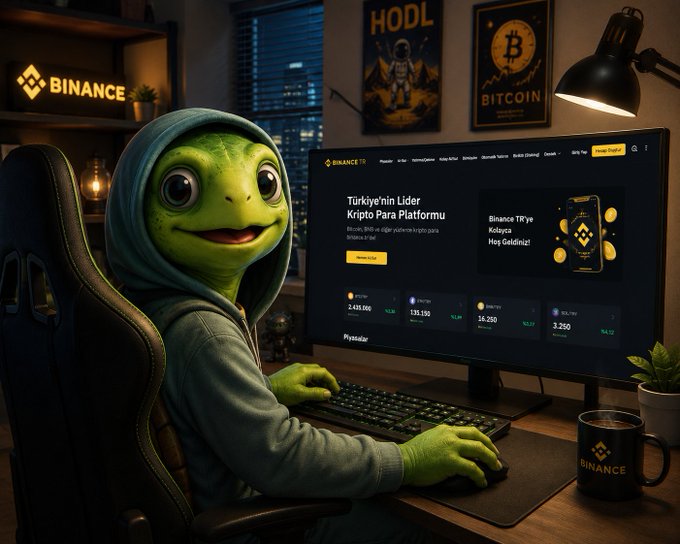 An animated Pepe the Frog character wearing a hoodie sits at a desk browsing the Binance TR crypto platform, with a mug and wall art displaying "HODL," "BITCOIN," and the Binance logo nearby. The image humorously illustrates the post's message about investors stubbornly holding onto their $BNB, $SOL, $ETH, and $BTC bags for four years while waiting for higher prices instead of exploring newer opportunities.
