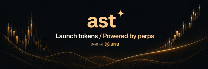 A black and gold banner image for the BNB-based token $AST, featuring a stylized "ast" logo with a sparkle, set against a backdrop of glowing candlestick charts and wave patterns. The text reads "Launch tokens / Powered by perps" and "Built on BNB," aligning with the Moby post introducing it as a newly uploaded banner for the BNB ecosystem token $AST.