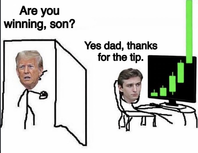 A father figure in the form of Donald Trump emerges from a closet to inquire about the achievements of his son.  The son responds saying "Yes dad, thanks for the tip." As the father retreated behind the closet door, which is full of secrets, the son contently continues his stock trading for the day.