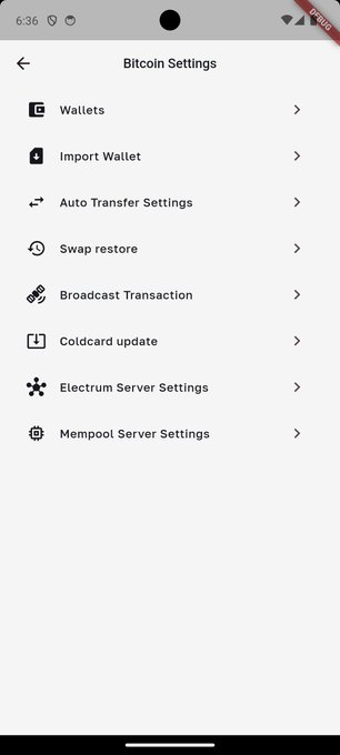 A screenshot of the "Bitcoin Settings" menu in the BULL wallet app, displaying options such as Wallets, Import Wallet, Auto Transfer Settings, Swap restore, Broadcast Transaction, **Coldcard update**, Electrum Server Settings, and Mempool Server Settings. The "Coldcard update" option relates to the post by showing the new feature that automatically detects and verifies Coldcard firmware upgrades directly within the app.