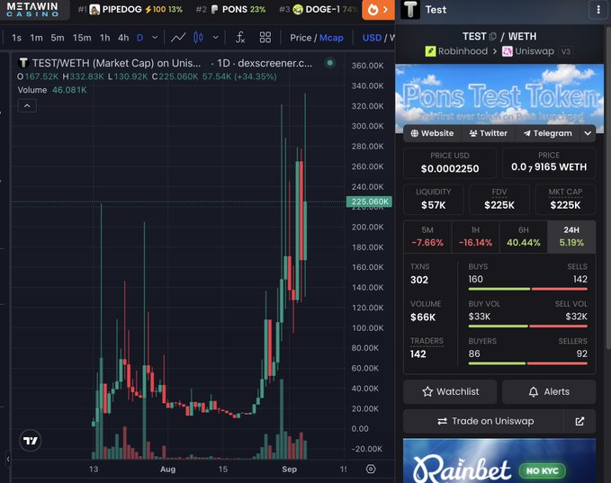 A cryptocurrency price tracking dashboard displaying the TEST/WETH trading pair with a candlestick chart, market cap of $225K, and various price metrics.
