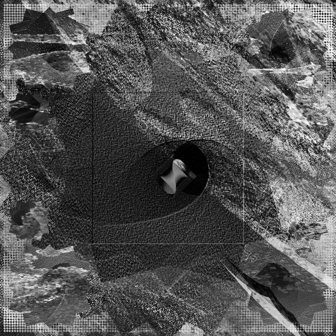 A black and white abstract digital artwork with a grainy, halftone-style texture showing a surreal figure with a horn-like shape against a geometric, mountainous background.