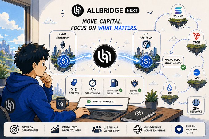An illustrated promotional graphic for 'ALLBRIDGE NEXT' showing a cartoon character moving capital from Ethereum to Arbitrum, highlighting features like '0.1% CLEAR FEES' and support for networks like Solana, Tron, Base, and Sui.