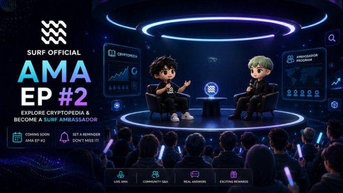A promotional graphic for 'SURF OFFICIAL AMA EP #2' featuring chibi-style animated characters in a studio setting with neon lighting, promoting an 'AMA' event to 'EXPLORE CRYPTOPEDIA & BECOME A SURF AMBASSADOR'.
