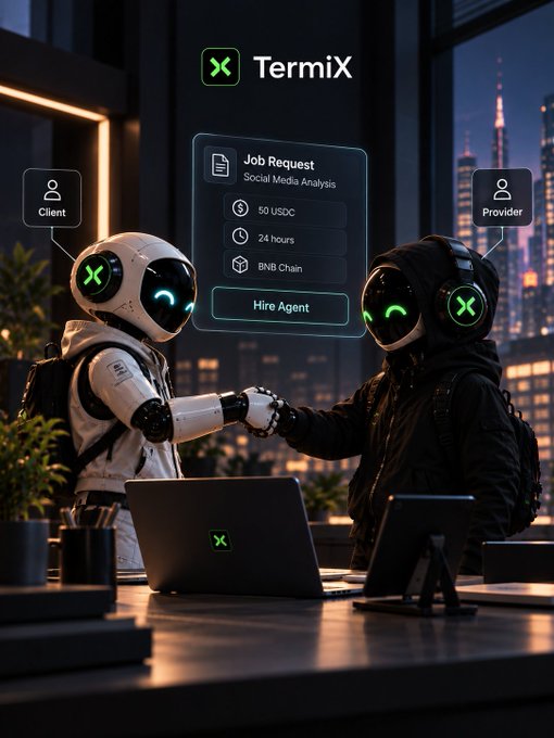 Two small humanoid robots labeled 'Client' and 'Provider' shake hands at a desk, with a 'Job Request' interface for 'Social Media Analysis' showing '50 USDC', '24 hours', and 'BNB Chain' above them, branded as 'TermiX'.