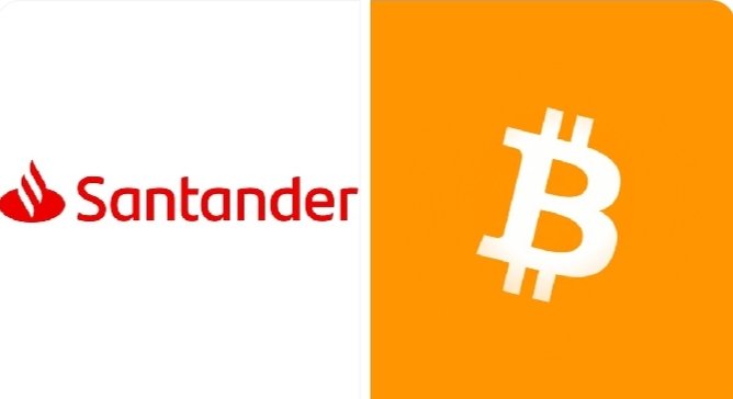 A split image showing the Santander bank logo on the left and the Bitcoin symbol on an orange background on the right.