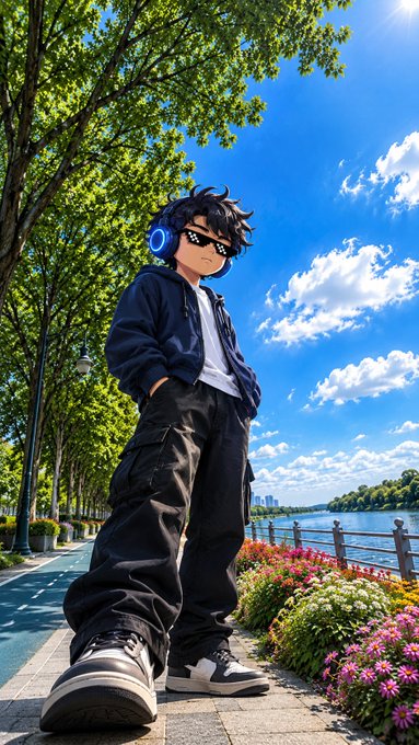 An anime-style illustration depicts a young person with dark hair, sunglasses, and blue headphones, wearing an oversized black outfit and sneakers, standing on a tree-lined promenade beside a river.