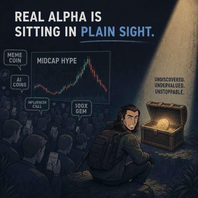 An illustrated graphic reading 'REAL ALPHA IS SITTING IN PLAIN SIGHT' showing a soldier with a treasure chest while a distracted crowd looks at a 'MIDCAP HYPE' chart and tags like 'MEME COIN', 'AI COINS', and '100X GEM'.