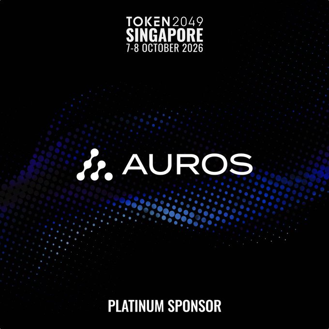 Auros is featured as a Platinum Sponsor for TOKEN2049 Singapore, held 7-8 October 2026, with their logo and sponsorship status displayed against a dark background with a blue dot-matrix wave design.