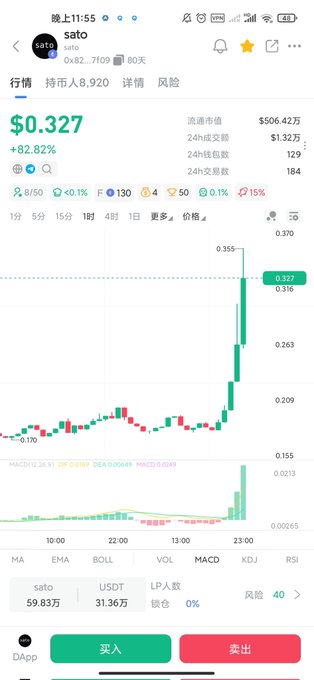 A mobile trading app screenshot shows the $sato token at $0.327, up +82.82%, with a candlestick chart displaying a sharp upward spike to 0.355 on the latest candles. The dramatic price surge visible in the chart confirms the poster's claim of an imminent pump after no one commented on their $sato post.