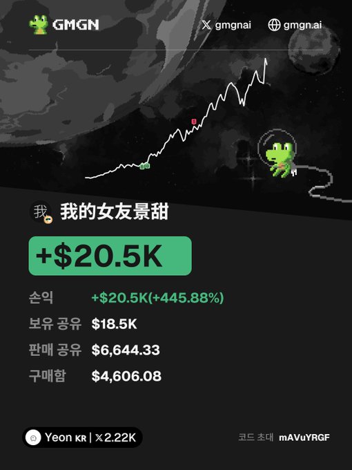 The image shows a GMGN trading dashboard in Korean displaying a successful trade on the token "我的女友景甜" (My Girlfriend Jingtian), with a profit of +$20.5K (+445.88%) from a $4,606.08 purchase, reflecting the user's story of their first real win on Tron made easier by using GMGN to trade quickly.