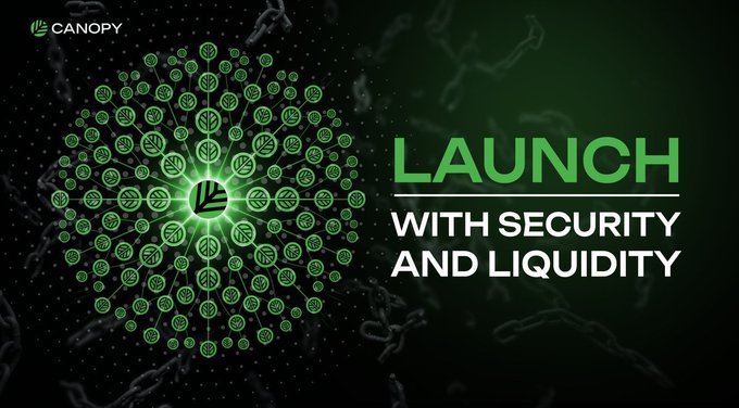 A Canopy Network promotional graphic featuring a green and black design with a central cluster of connected leaf icons, alongside the text "LAUNCH WITH SECURITY AND LIQUIDITY" and the Canopy logo, illustrating the platform's solution to simplifying blockchain launches as mentioned in the accompanying post.