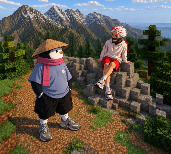 A 3D rendered scene of a person with white hair sitting on stone steps next to a panda mascot wearing a straw hat and pink scarf in a blocky, Minecraft-like landscape.