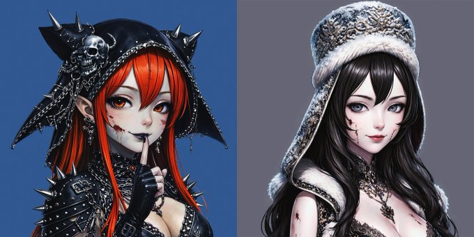 Two stylized anime-style portraits side by side: a red-haired woman with horns and skull-adorned gothic hood meets a dark-haired woman in a fur-trimmed hood, both featuring stitched-mouth facial markings.